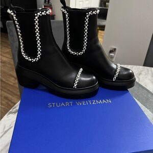 Stuart Weitzman Norah Demipearl Black Ankle Boots with Pearl detailing